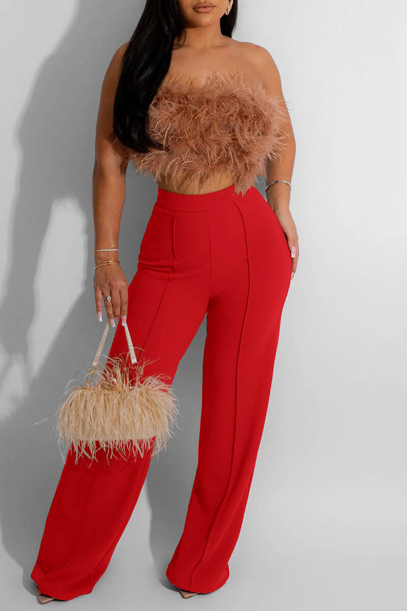 Red Casual Solid Basic Regular High Waist Conventional Solid Color Trousers