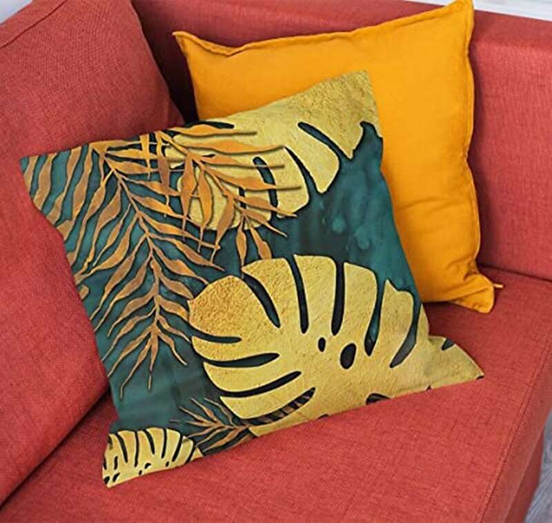 Set of 4 Throw Pillow Cases Open Branches and Loose Leaves Faux Linen Square Decorative Throw Pillow Cases Sofa Cushion Covers Outdoor Cushion for Sofa Couch Bed Chair Golden