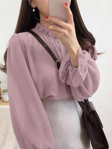 Women Blouses & Shirts | Solid Puff Sleeve Ruffle Stand Collar Chiffon Blouse - OQ65014