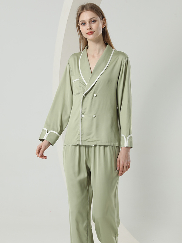 Plain Elegant V Neck Lyocell Long Sleeve Pajama Set