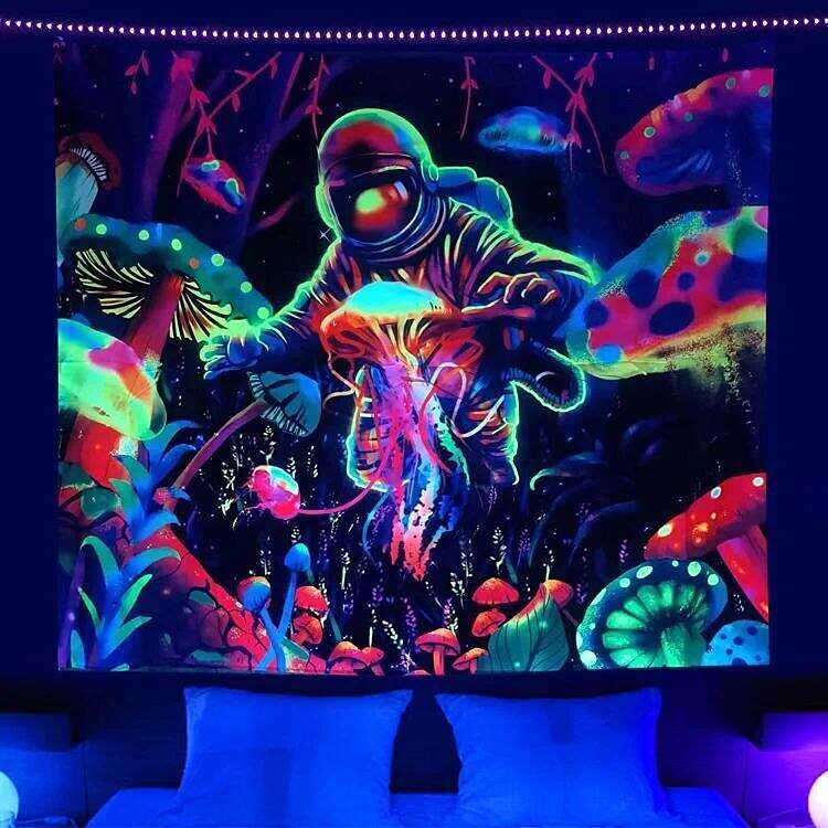 Trippy Astronaut Black Light Tapestry UV Reactive Psychedelic Mushroom Jellyfish