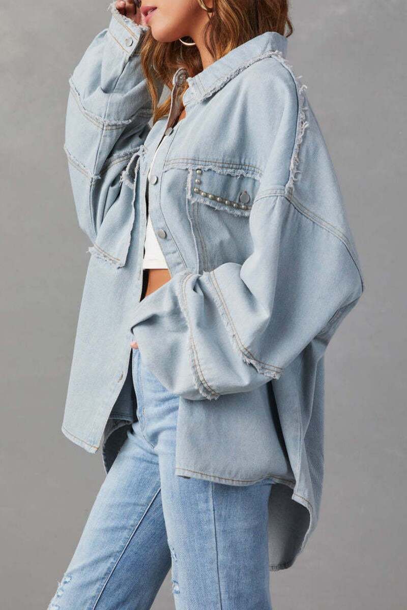 Light Blue Casual Solid Patchwork Turndown Collar Long Sleeve Regular Denim Jacket