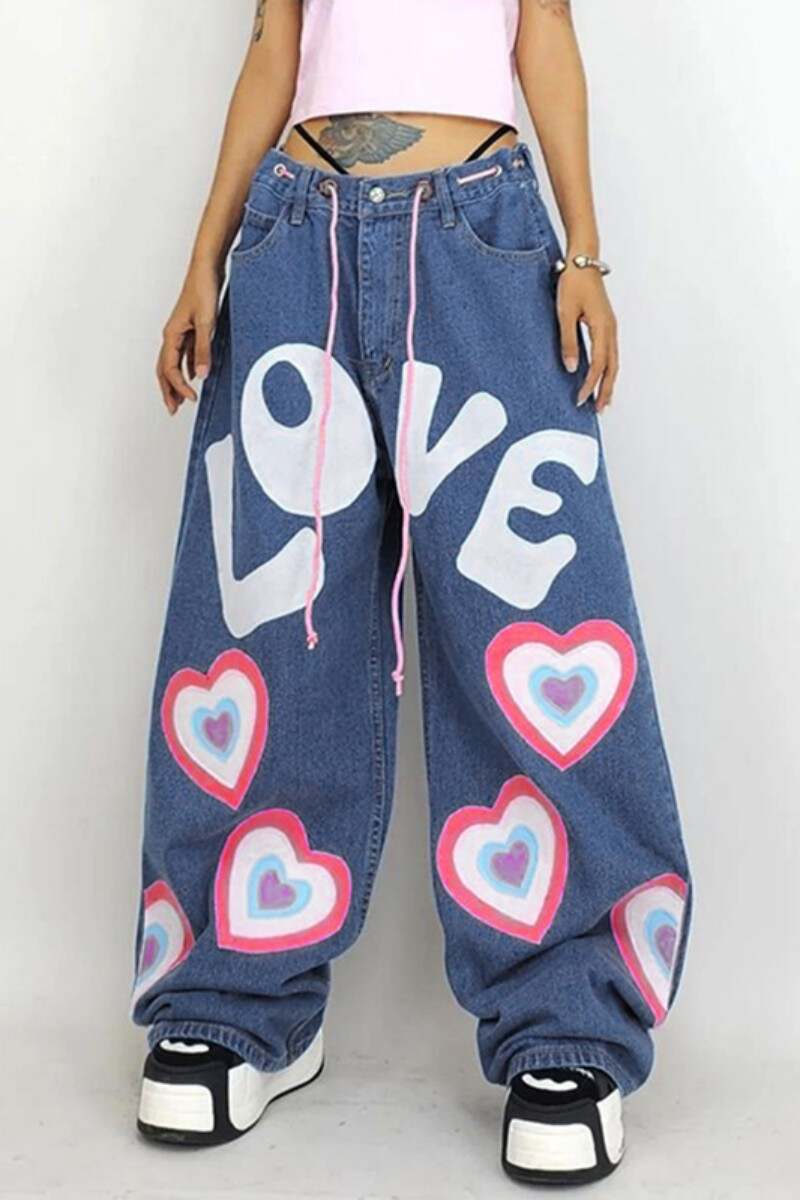 Blue Casual Letter Print Basic Mid Waist Regular Denim Jeans