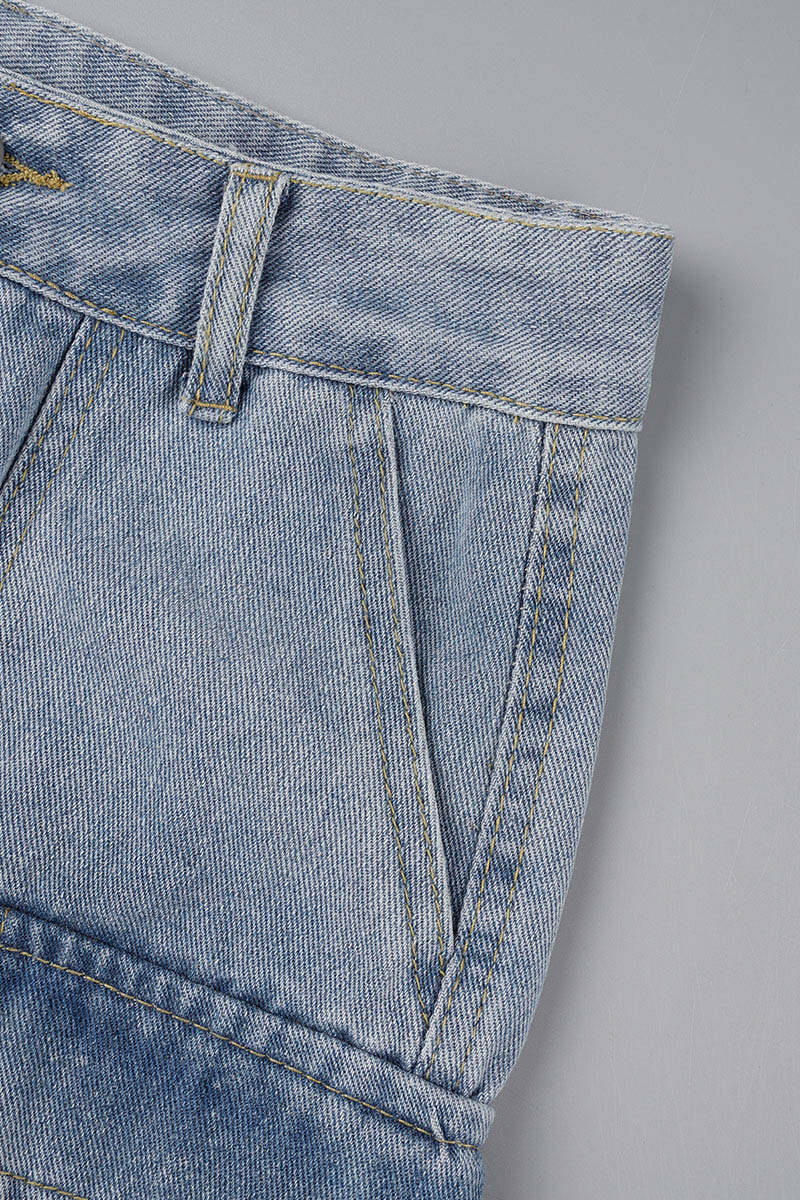 Blue Casual Solid Patchwork High Waist Regular Denim Jeans