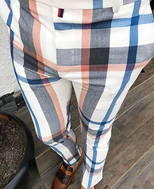Fashion Contrast Color Plaid Print Slim Fit Pencil Pants