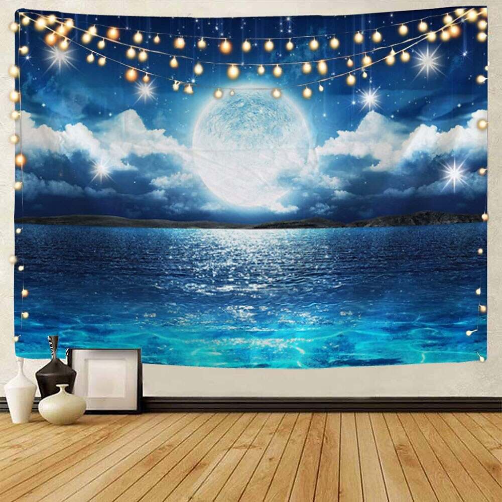 Moon Sea Sky Wall Tapestry Art Decor Landscape Full Night Ocean Cloud