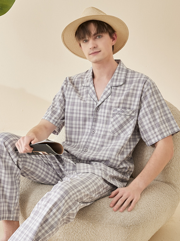 Plaid Cotton Casual V Neck Short Sleeve Couple Pajama Set