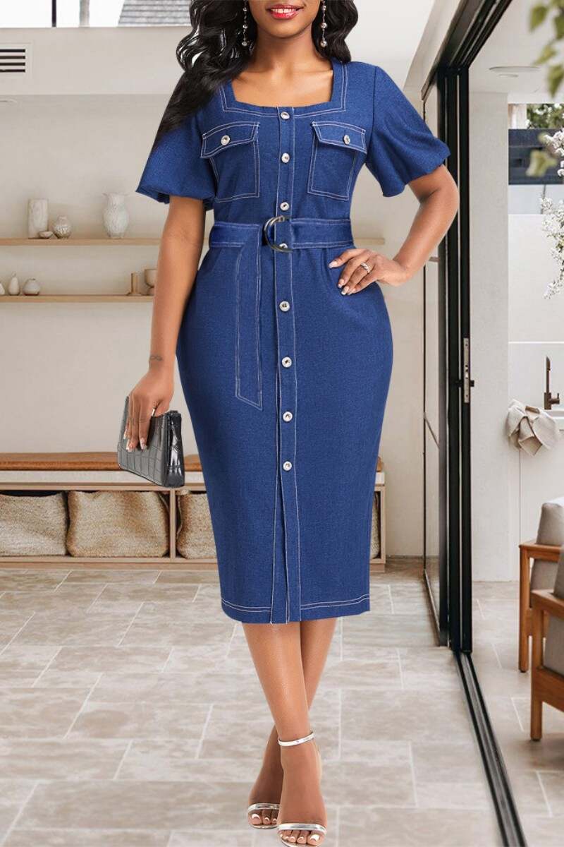 Blue Casual Solid Patchwork Square Collar Short Sleeve Regular Denim Dresses