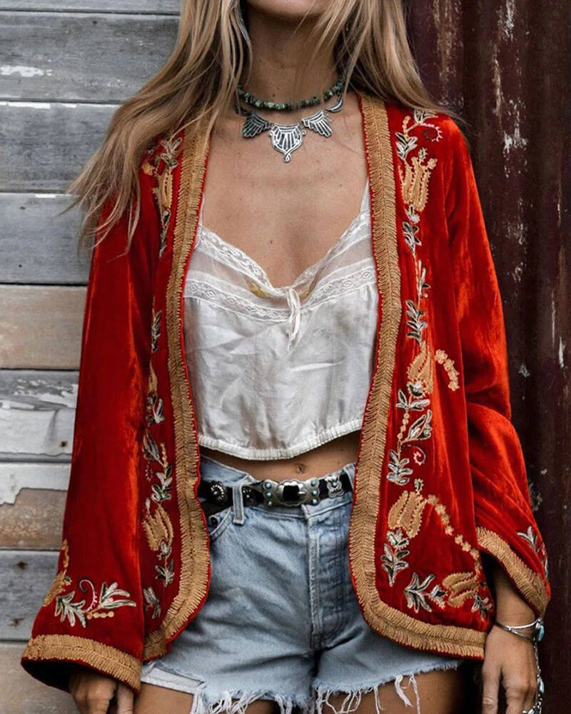 Casual Velvet Embroidery Women Cardigan