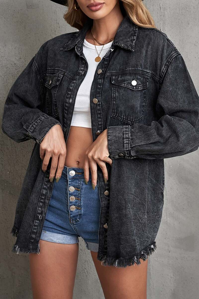 Black Casual Solid Patchwork Cardigan Turndown Collar Long Sleeve Regular Denim Jacket