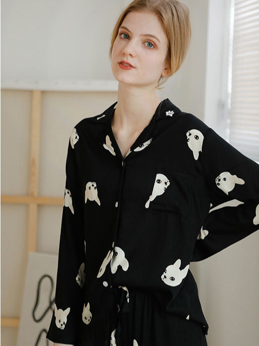 Animal Shawl Collar Simple Regular Fit Long Sleeve Pajama Set