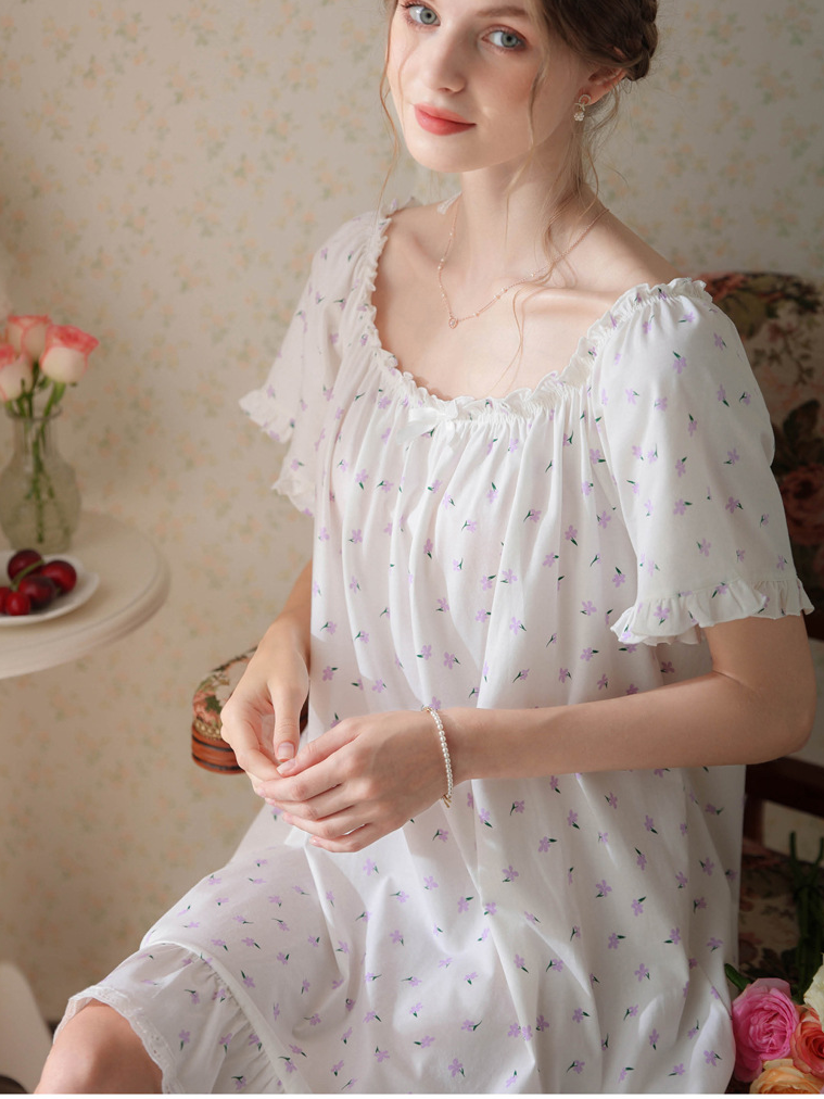 Simple Plain Cotton Floral Others Nightdress