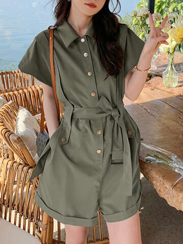 Women Jumpsuits & Rompers | Solid Belt Button Front Pocket Short Sleeve Lapel Cargo Romper - EZ35724