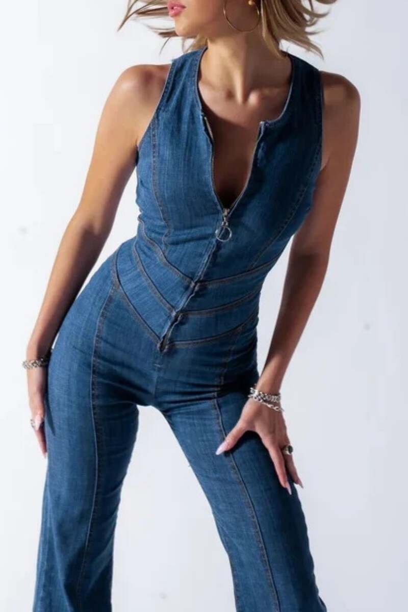 Blue Casual Solid Backless Zipper Collar Sleeveless Skinny Denim Jumpsuits