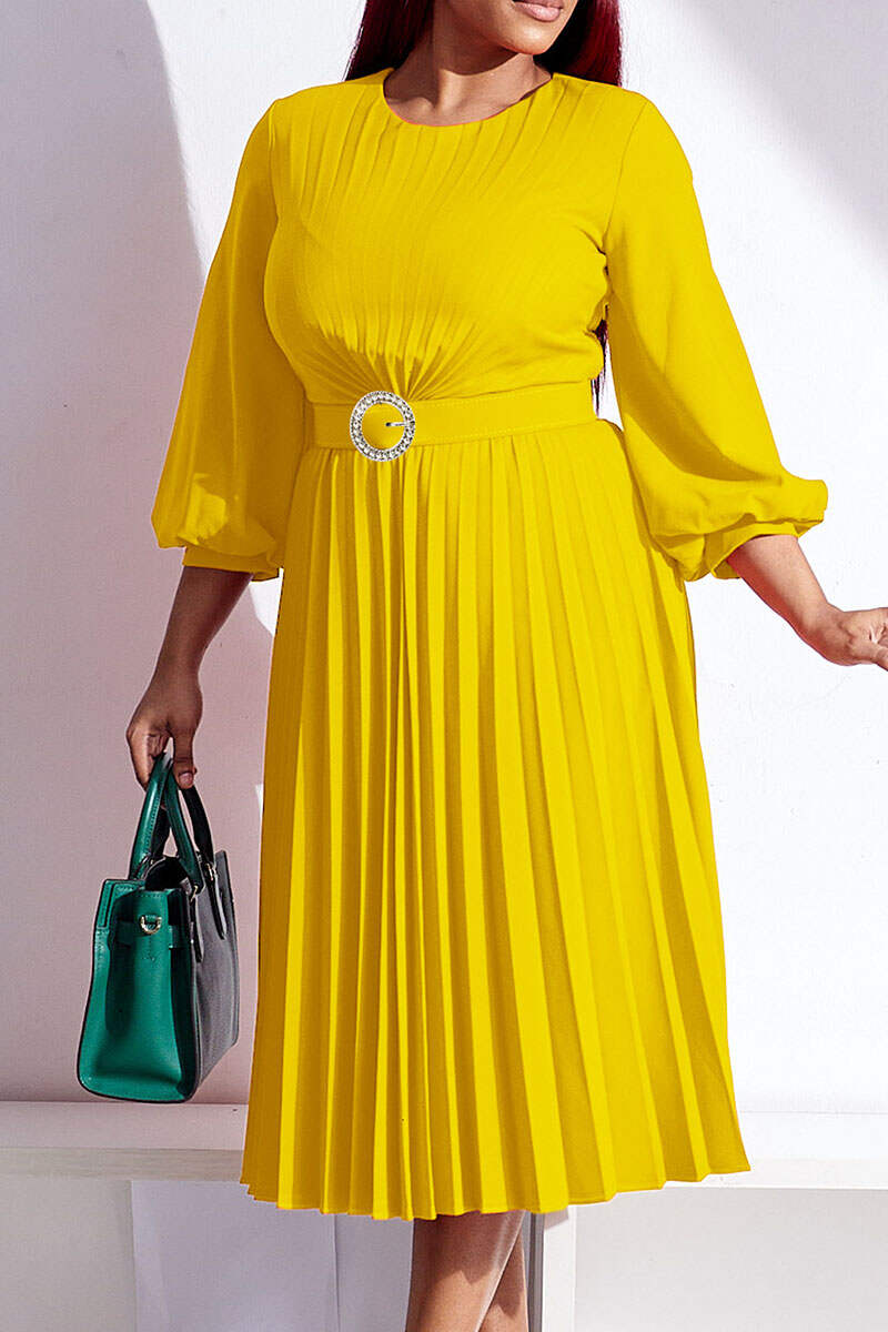 Yellow Casual Elegant Solid Patchwork Fold With Belt O Neck Straight Dresses(Contain The Belt)