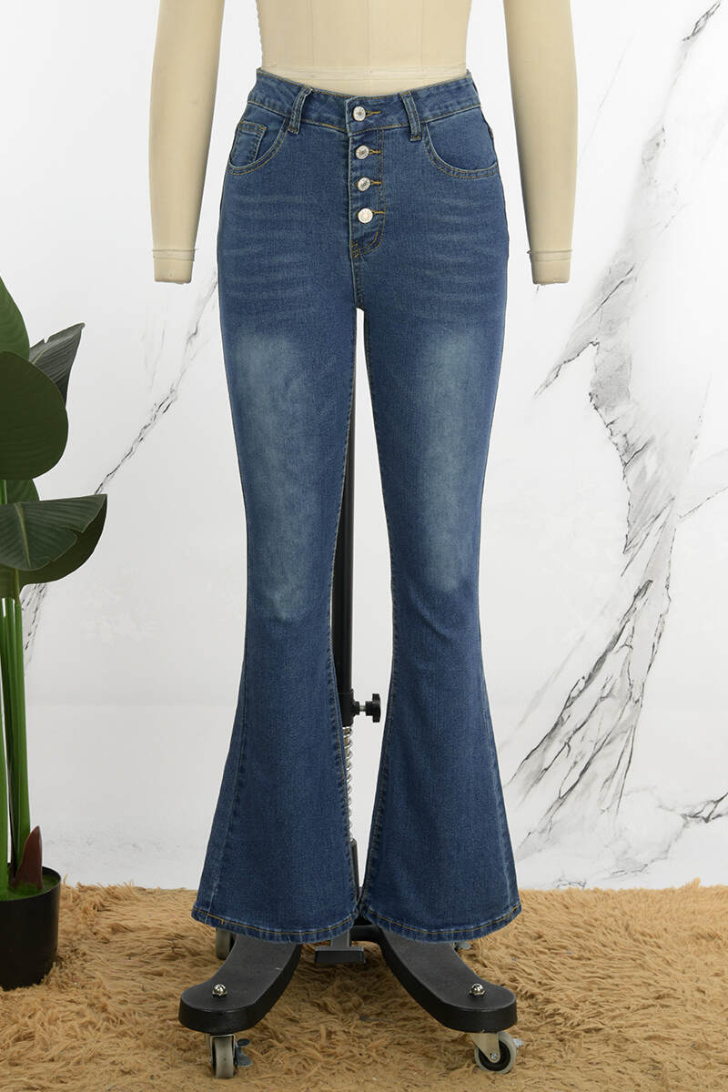 Deep Blue Casual Solid Buttons High Waist Skinny Denim Jeans