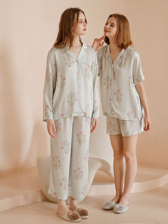 Floral Regular Fit V Neck Casual Long Sleeve Pajama Set