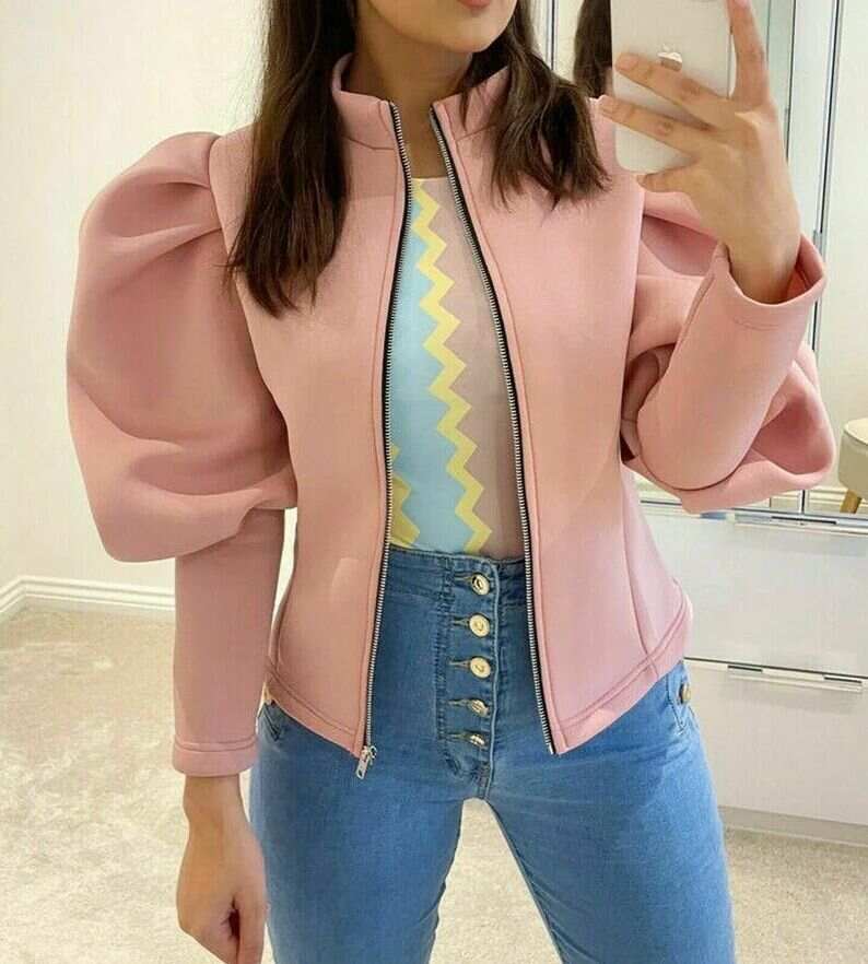 Puff Sleeve Zipper Stand Collar Casual Jacket