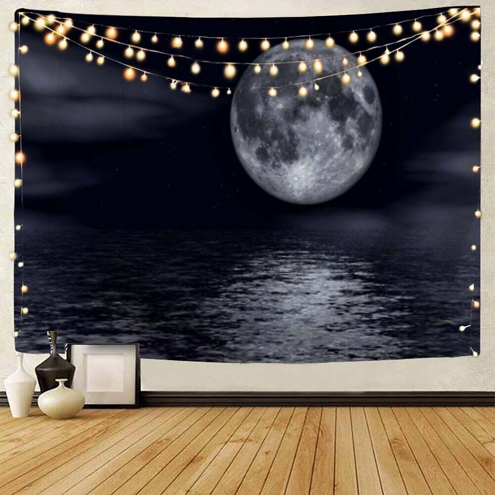 Moon Sea Sky Wall Tapestry Art Decor Landscape Full Night Ocean Cloud