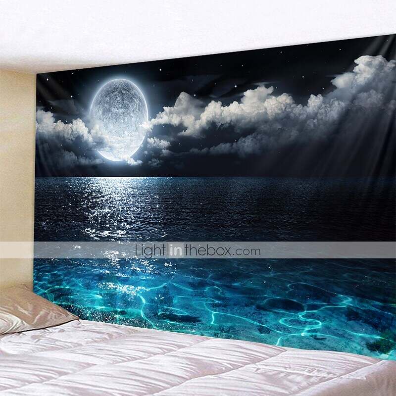 Moon Sea Sky Wall Tapestry Art Decor Landscape Full Night Ocean Cloud