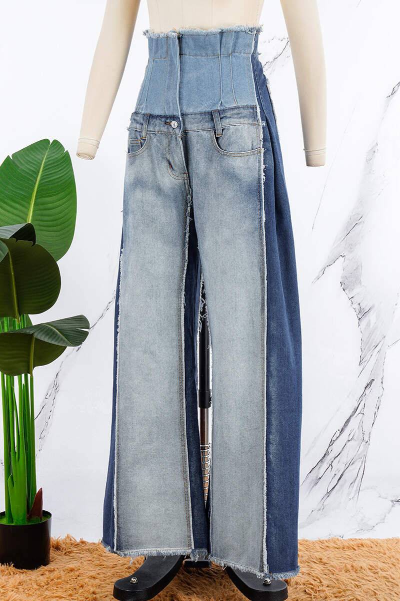 Blue Casual Patchwork Contrast High Waist Denim Jeans