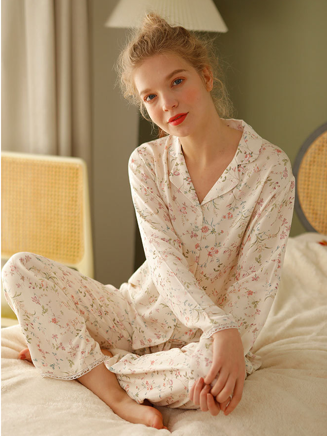 Simple Shawl Collar Stain Lace Long Sleeve Pajama Set