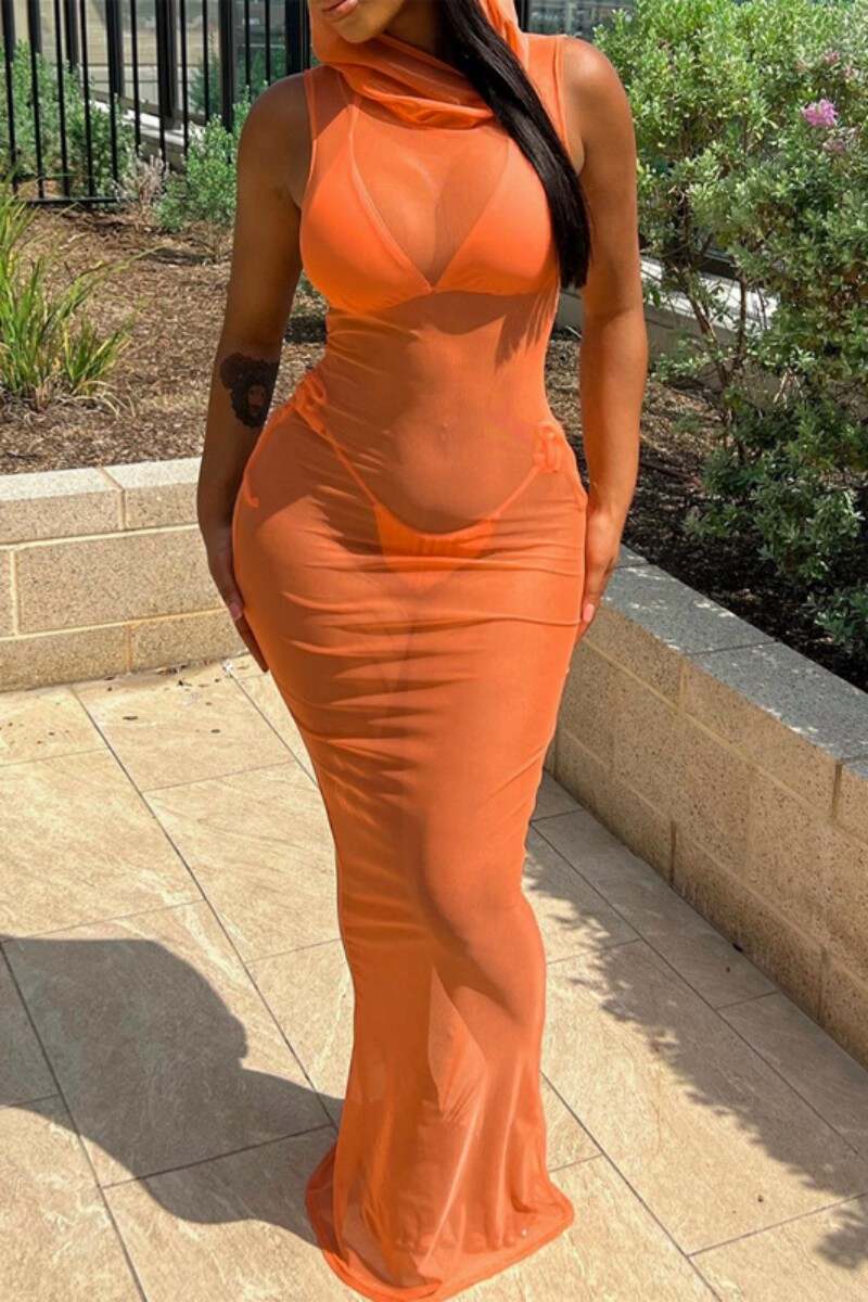 Orange Sexy Solid See-through Hooded Collar Long Dress Dresses