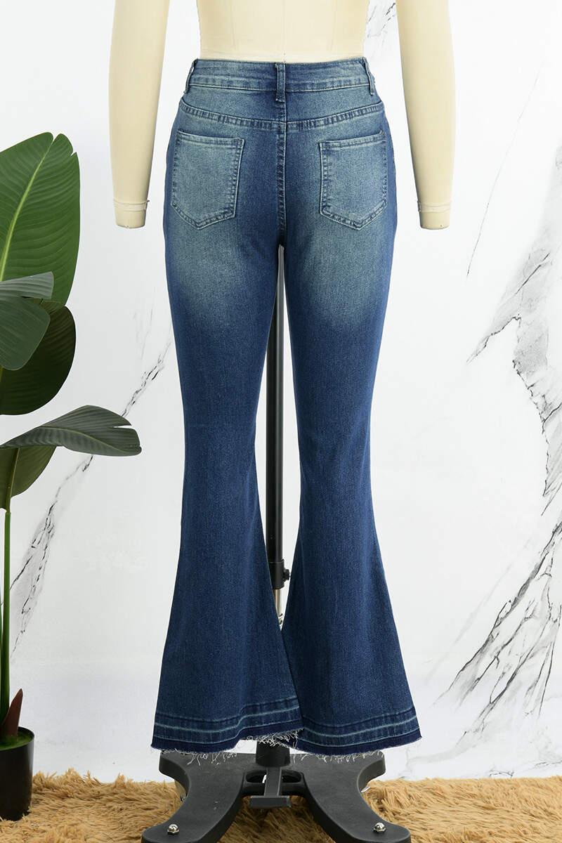 Deep Blue Casual Solid Patchwork High Waist Skinny Denim Jeans