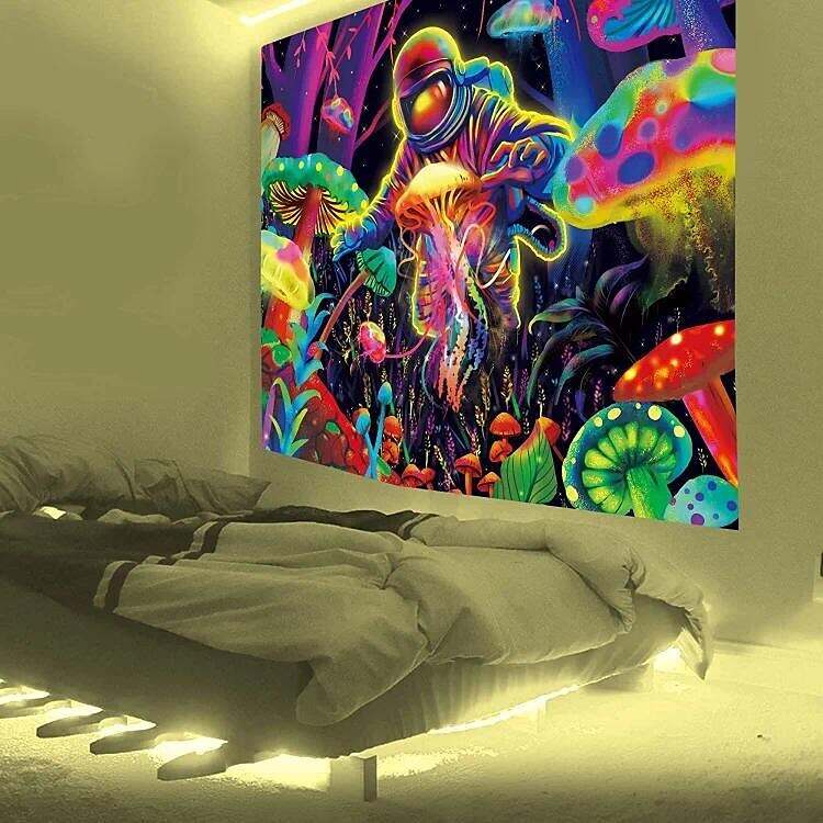 Trippy Astronaut Black Light Tapestry UV Reactive Psychedelic Mushroom Jellyfish