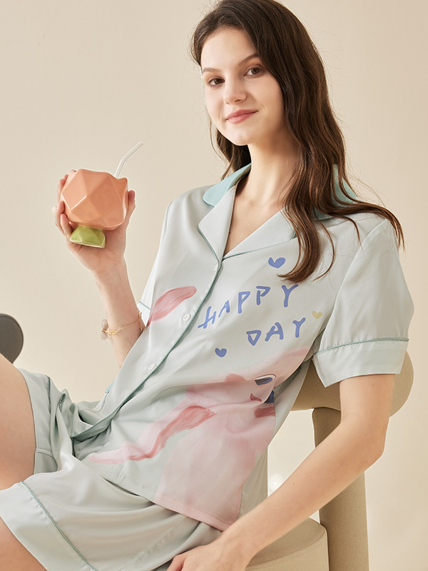 Casual  Painting Party Shawl Collar Short Sleeve Pajama Set