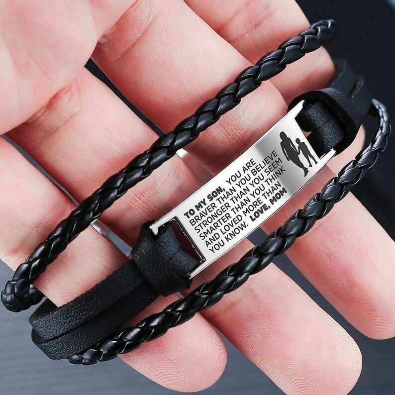 From Mom/Dad to Son - Steel & Adjustable Leather Style Bracelet