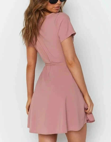 pink V-neck short sleeve dress