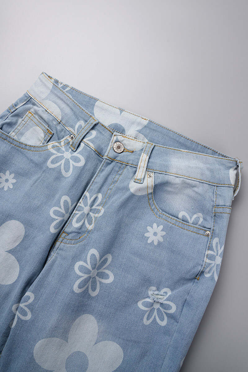 Blue Casual Print Ripped High Waist Regular Denim Jeans