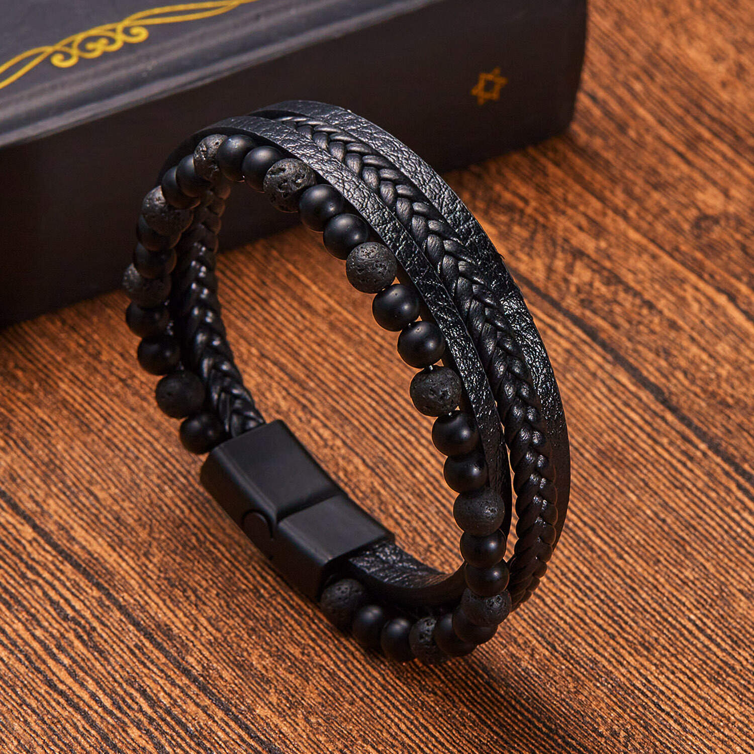Natural Stone Obsidian Magnetic Buckle Men's Leather Bracelet-3 styles