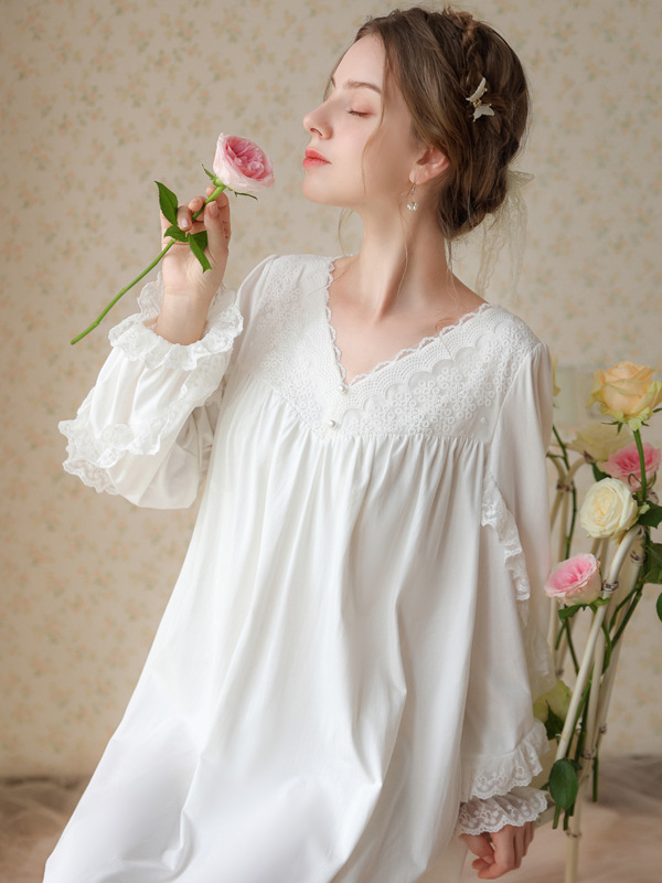 Vacation Cotton Lace V Neck Nightdress