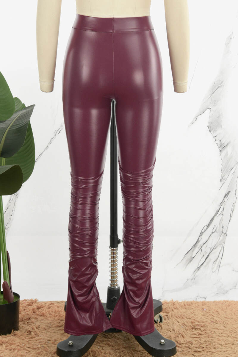 Burgundy Casual Solid Slit Fold Skinny High Waist Conventional Solid Color Trousers