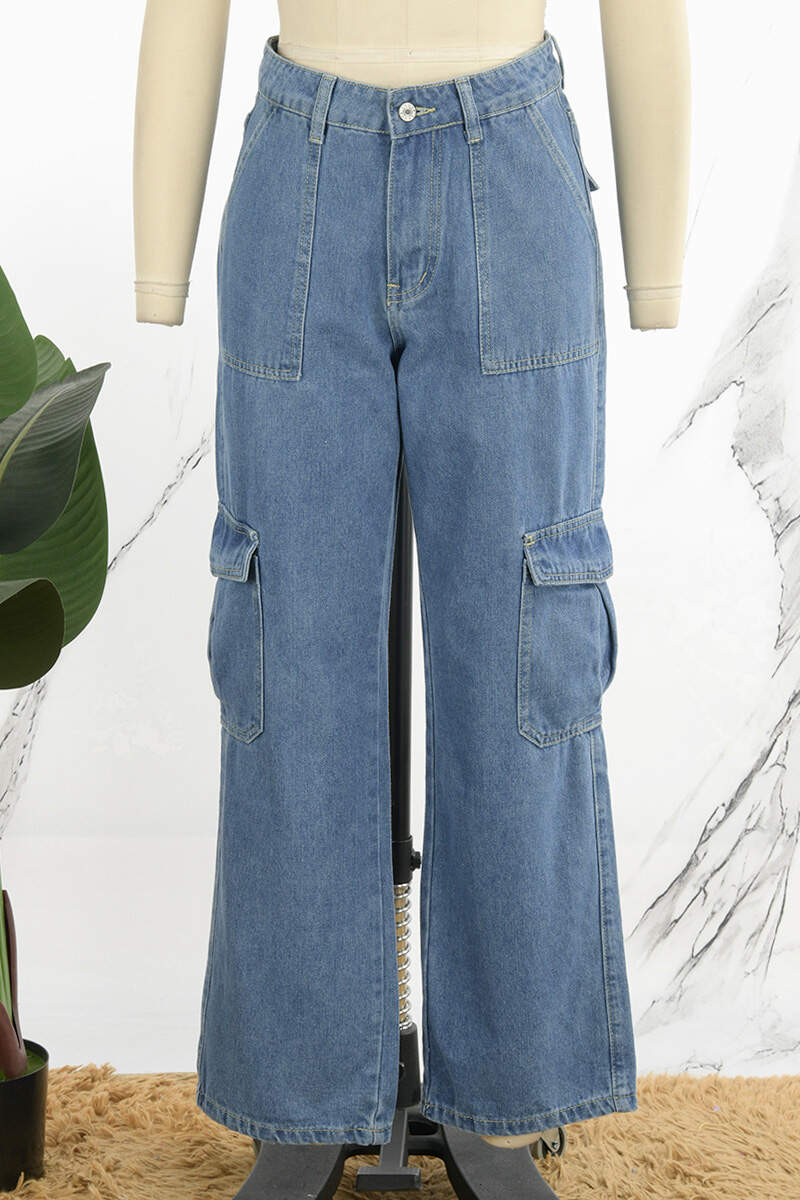 Blue Casual Solid Patchwork High Waist Straight Denim Jeans