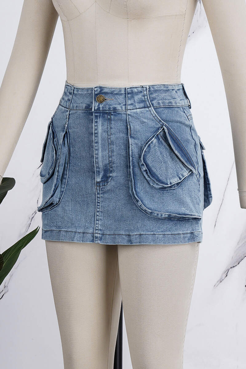 Royal Blue Casual Solid Patchwork High Waist Skinny Denim Skirts