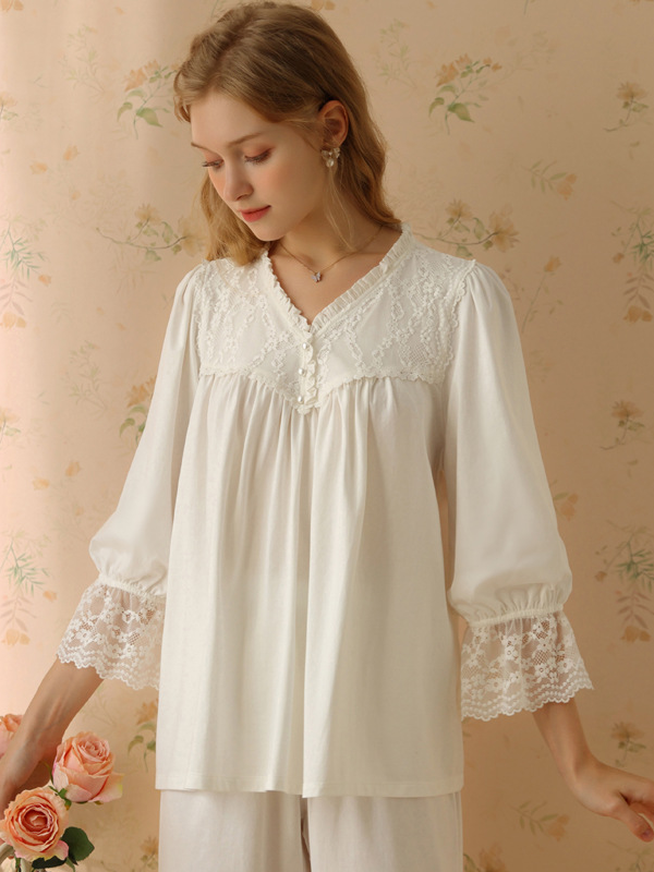 Lace Cotton V Neck Casual  Long Sleeve Pajama Set