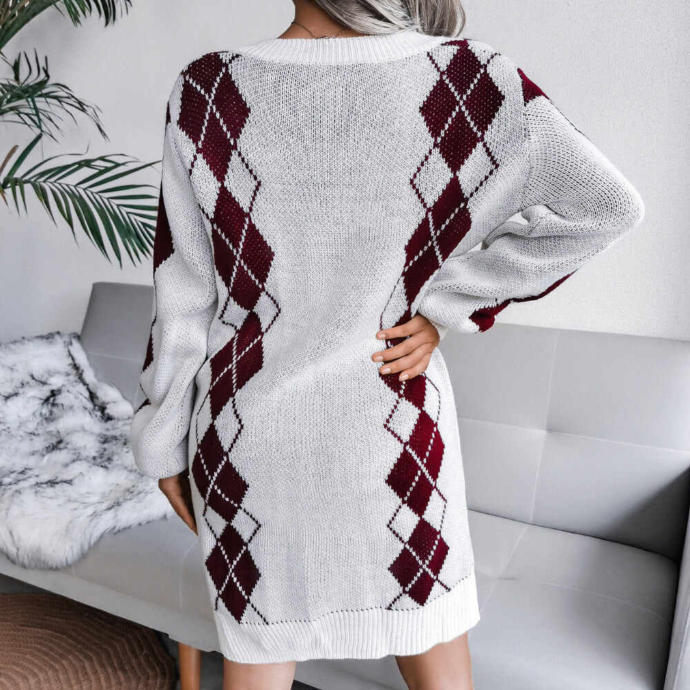 College Style Diamond Sweater Dress