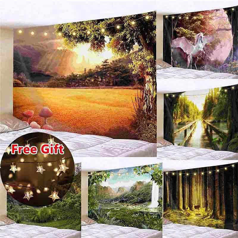 Landscape LED Lights Wall Tapestry Art Decor Forest Waterfall Print