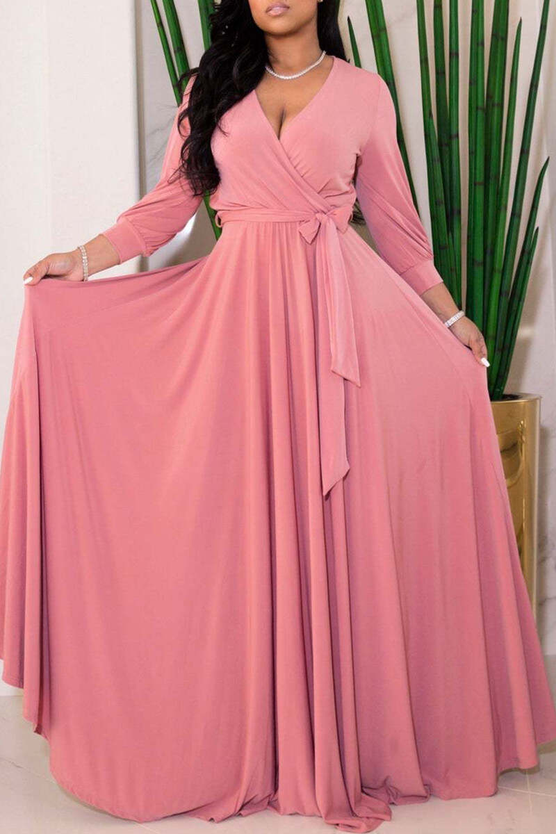 Pink Fashion Casual Solid Bandage V Neck Long Sleeve Dresses