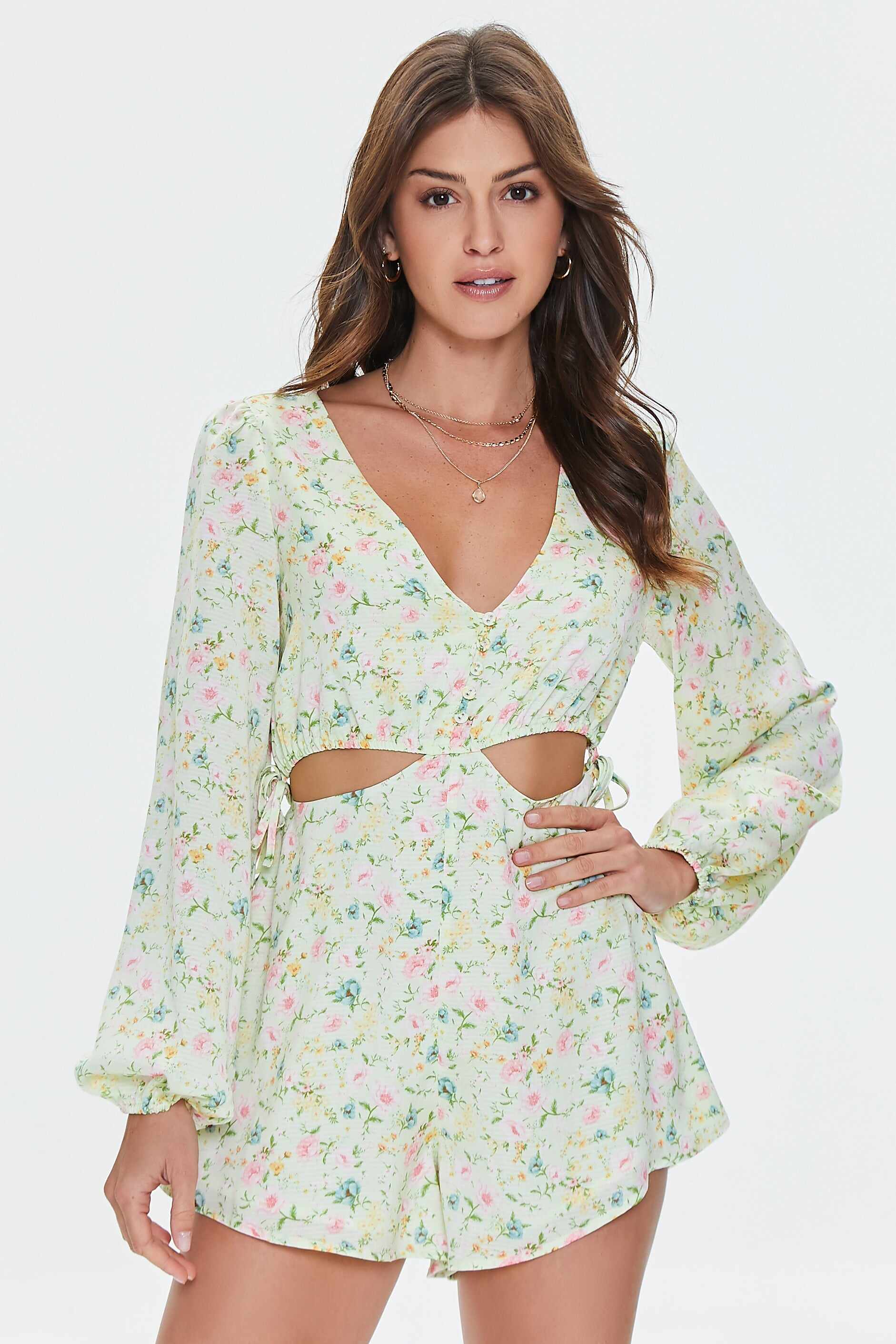 Women Apparel | Floral Print Cutout Romper Green Forever21 - HB38631