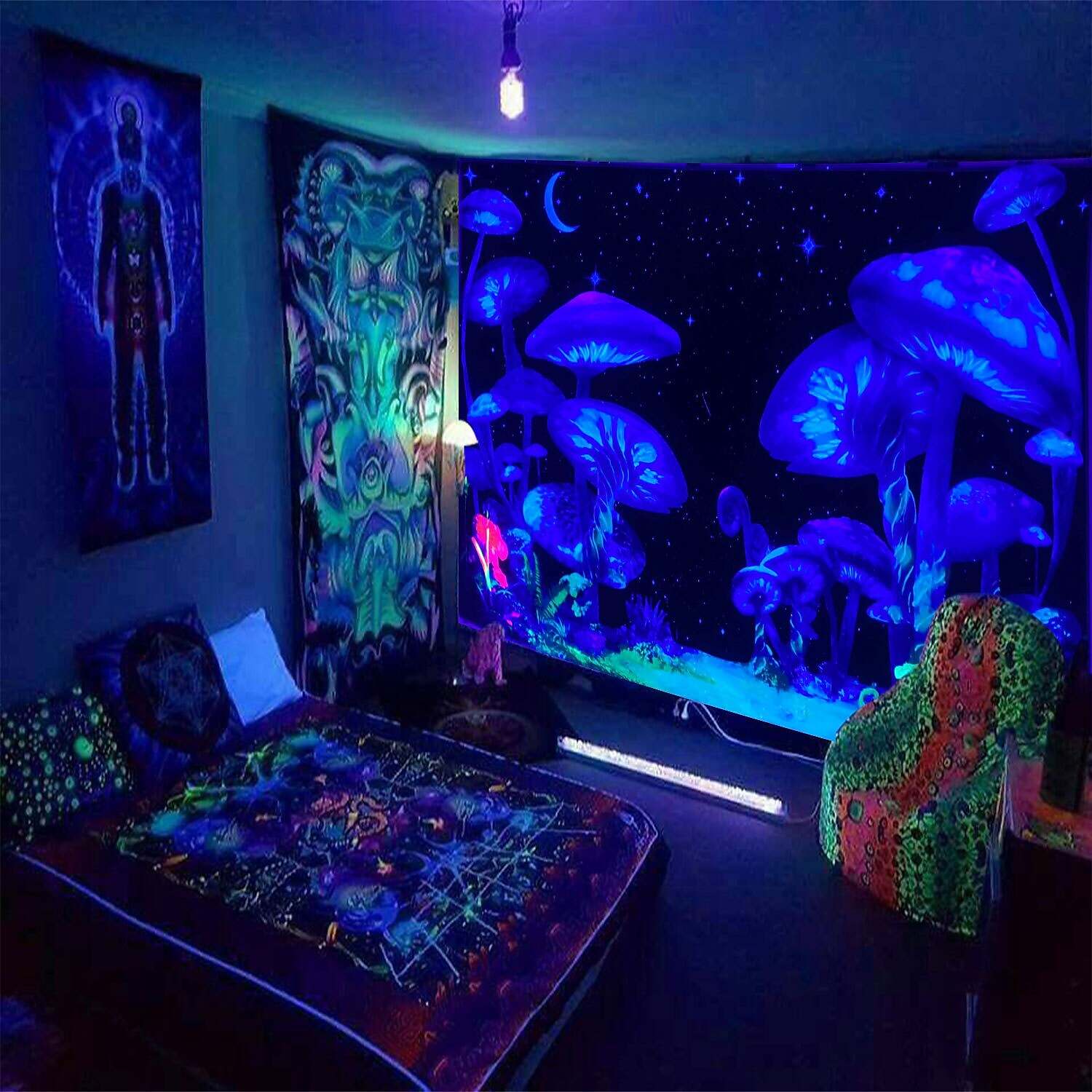 Blacklight UV Reactive Tapestry Trippy Mushroom Decoration Cloth