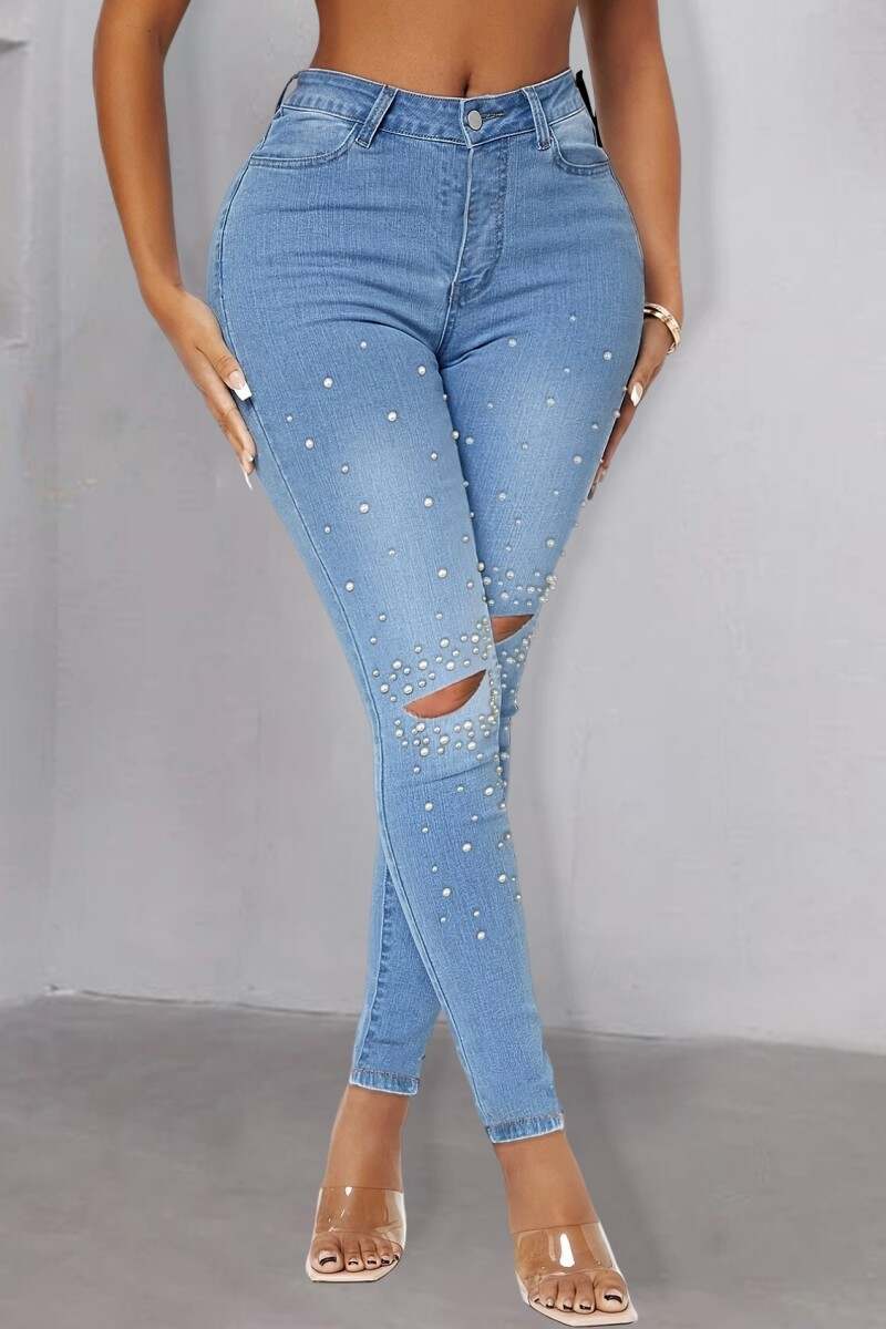 Medium Blue Casual Patchwork Ripped Beading High Waist Skinny Denim Jeans (Subject To The Actual Object)