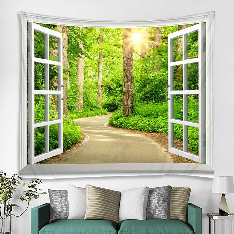 Window Landscape Wall Tapestry Art Decor Forest Flower Field