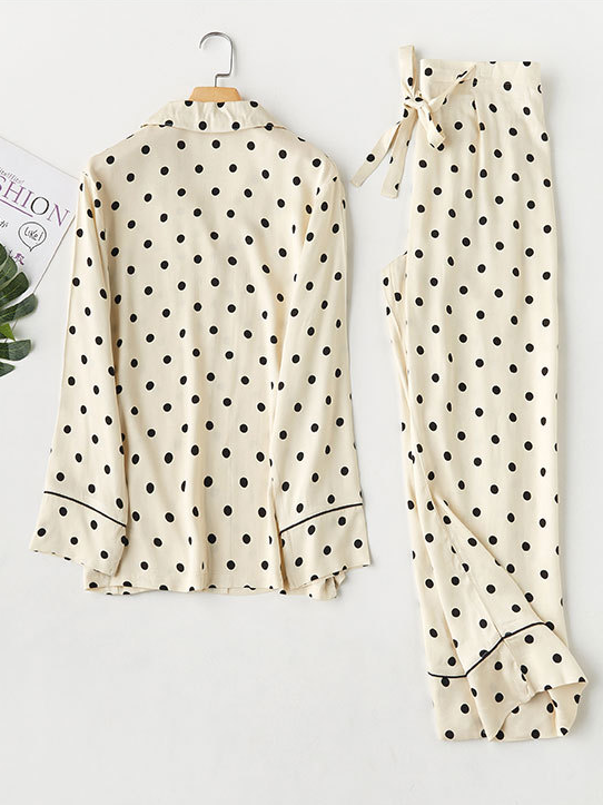 Regular Fit V Neck Polka Dots Elegant Long Sleeve Pajama Set