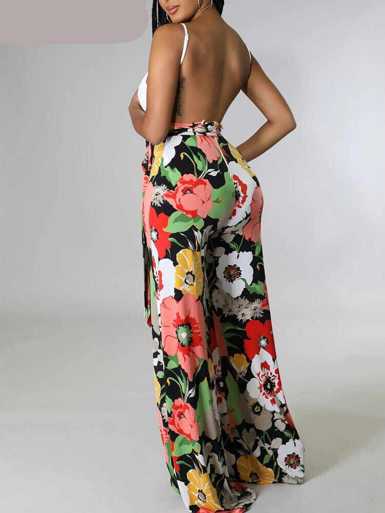 Spaghetti Strap Backless Printed Wide Leg Jumpsuits