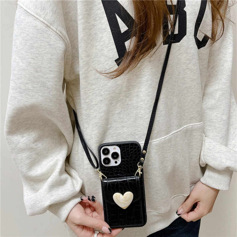 Cute Heart Card Wallet Crossbody Chain Bag Phone Case