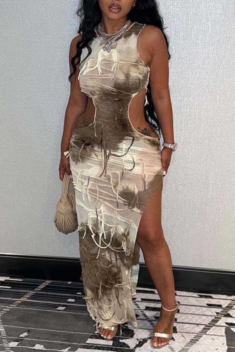 Khaki Sexy Casual Print Hollowed Out Slit O Neck Long Dress (Subject To The Actual Object)